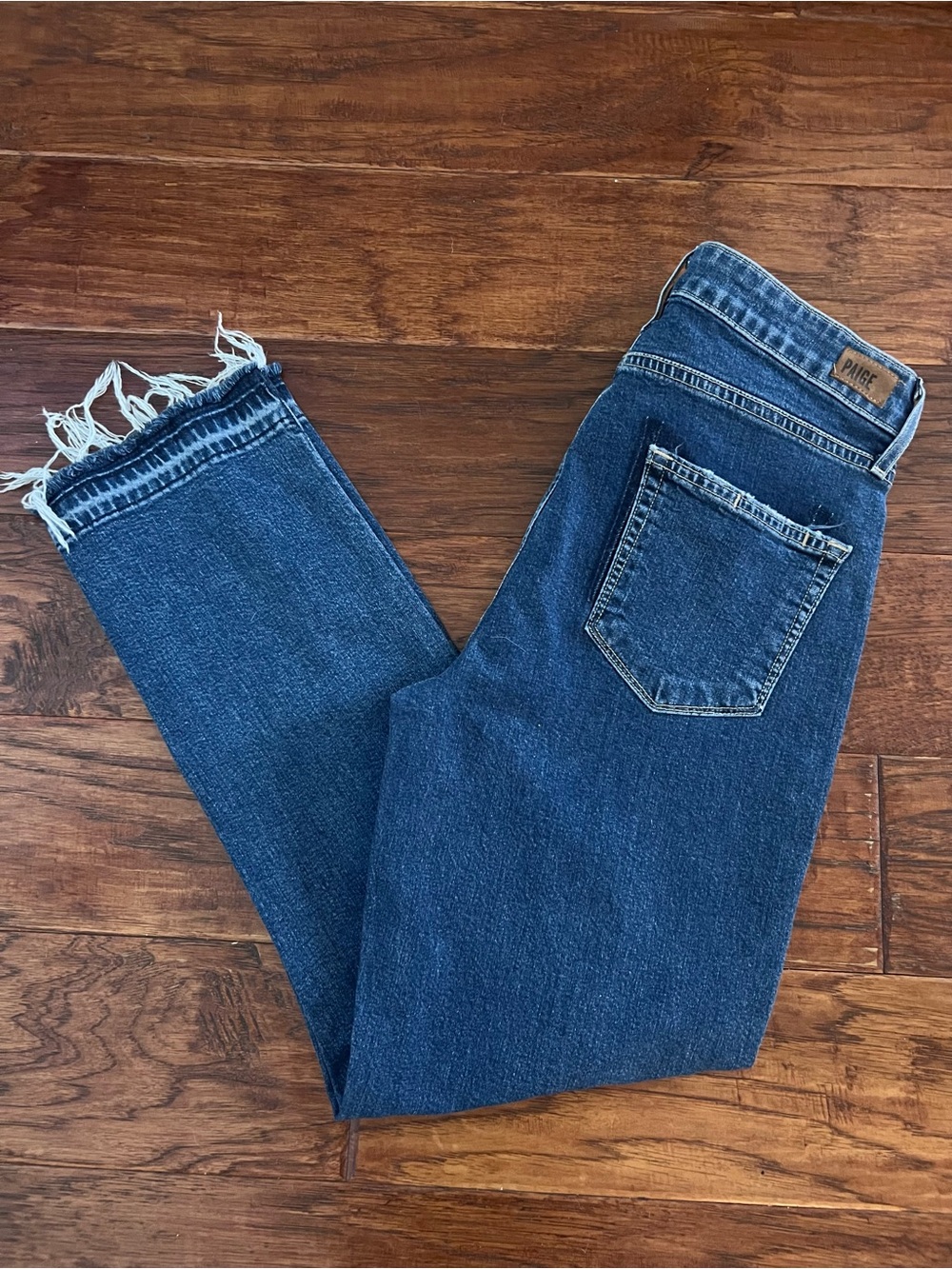 PAIGE Women’s Dark Blue Straight Jeans with Frayed Hem